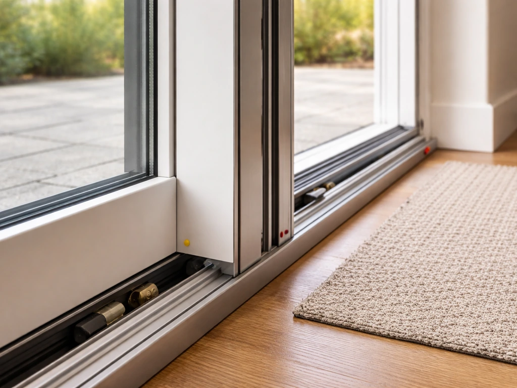 Close-up of a sliding patio door frame with subtle measurement ticks suggesting typical size.