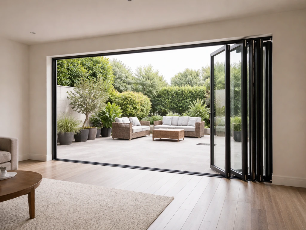 Bifold patio doors with multiple folding panels opening wide to show a larger span