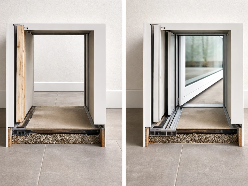 Opened sliding patio door bottom track and frame edge showing reduced usable opening space.