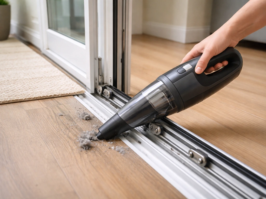 Hand cleaning a sliding patio door track channel with a vacuum, rollers visible with light debris.