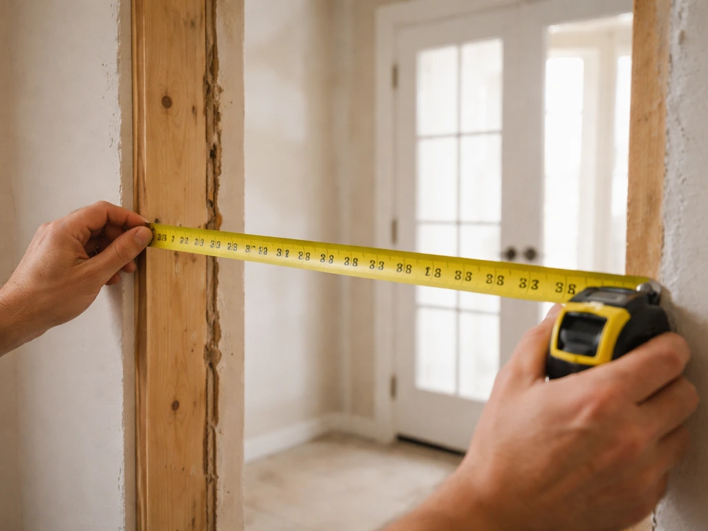 Close-up of a tape measure measuring a rough opening on a wall, with French door swing arc implied