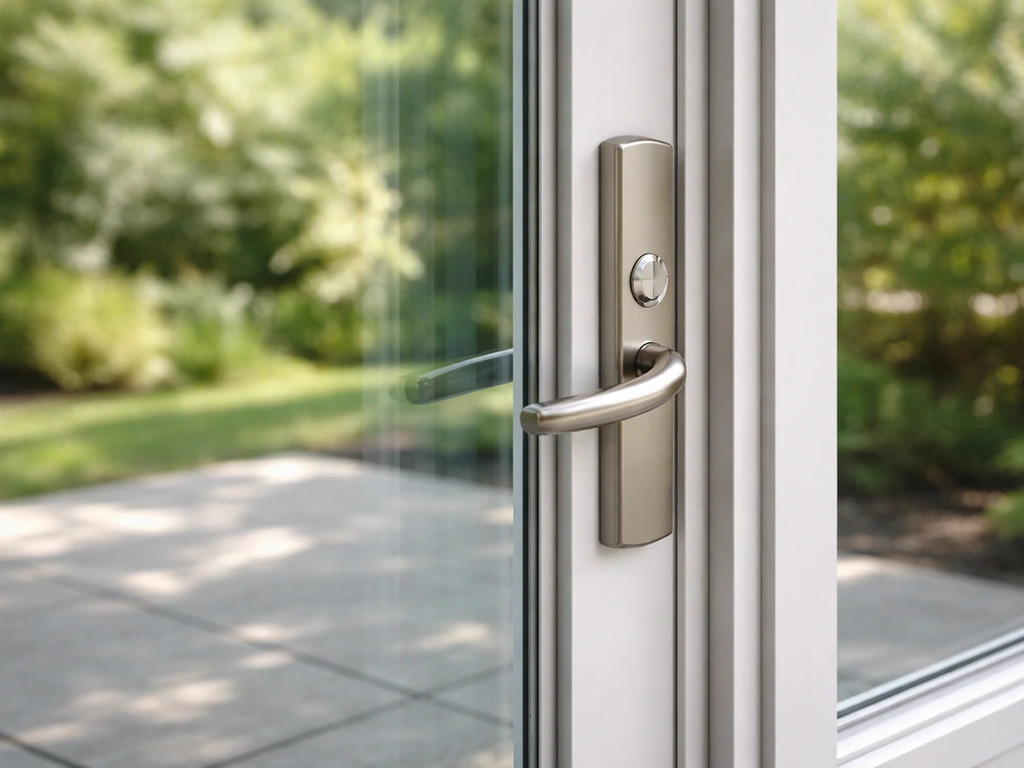 Well-lit patio door with upgraded lock hardware and intact glazing on a safe home exterior.