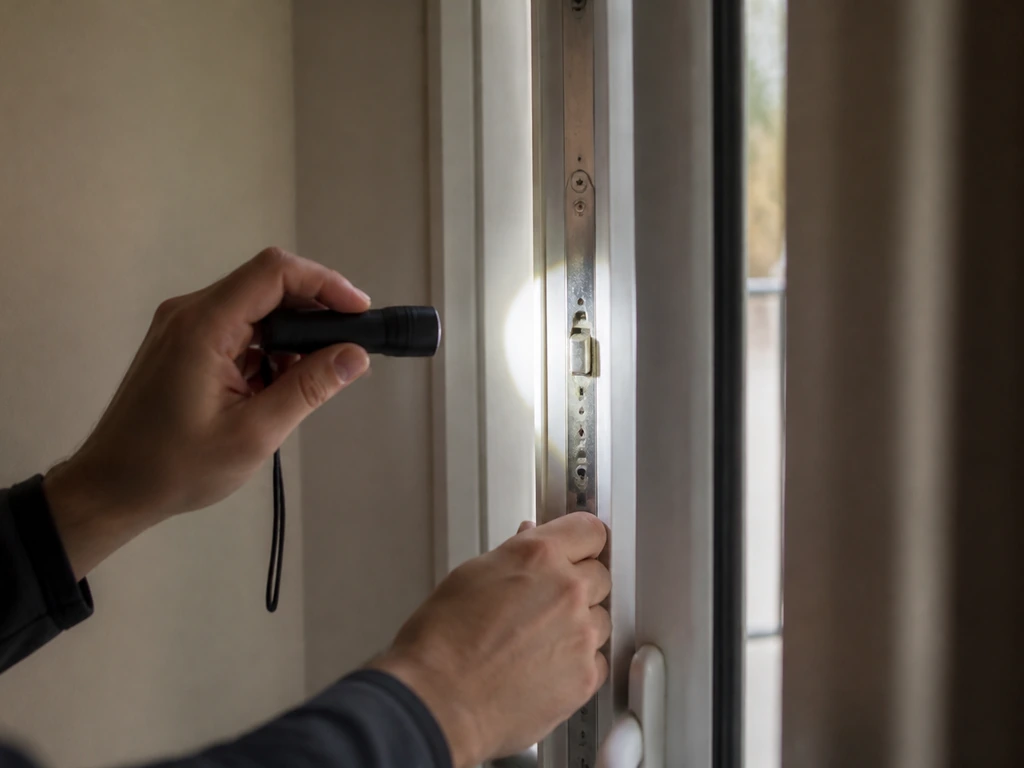Homeowner inspecting a patio door lock with a flashlight, checking latch alignment and gaps