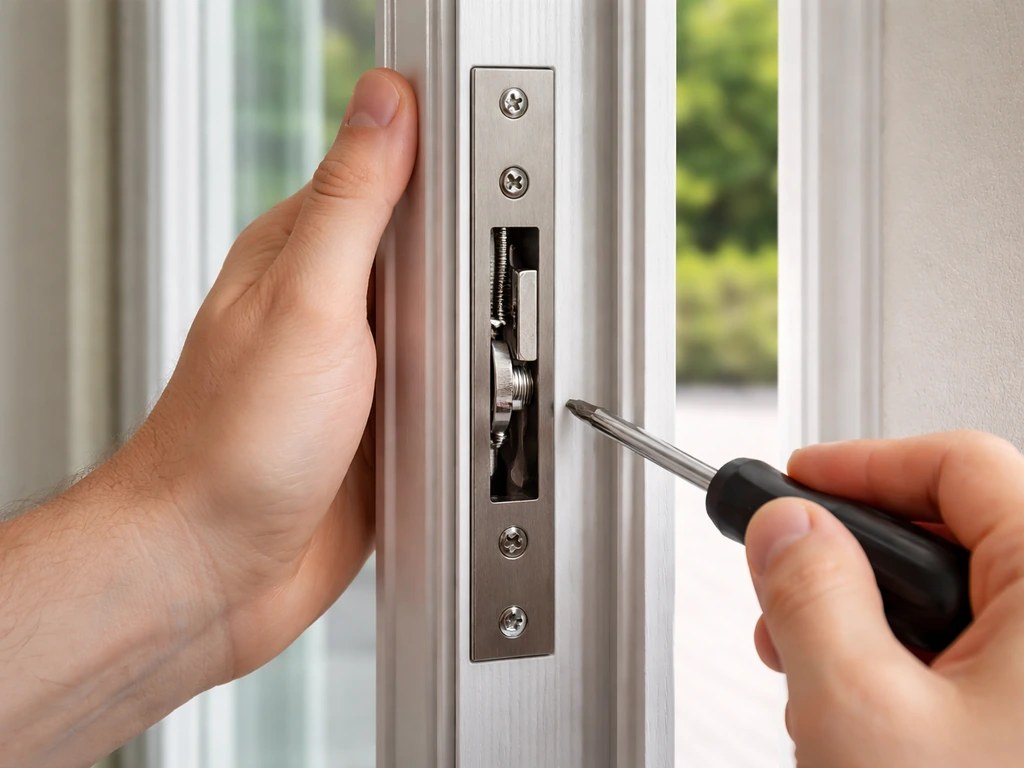 Close-up of an installed mortise-style lock on a sliding patio door jamb with aligned strike area.