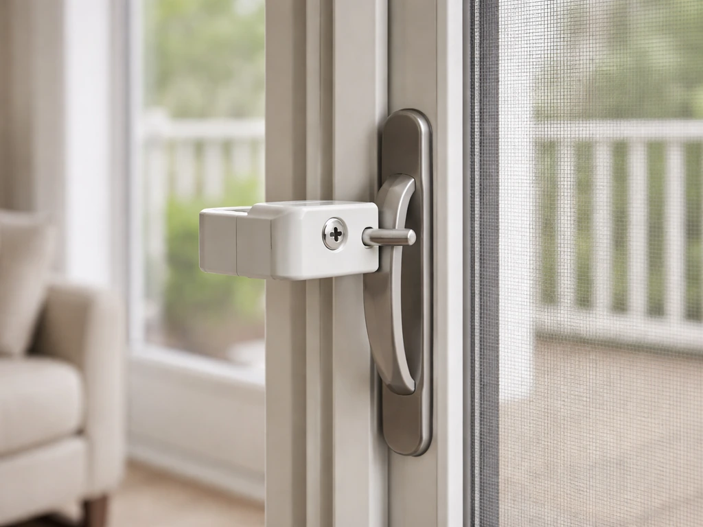 Close-up of patio door handle with a keyed childproof blocker installed, with mesh screen visible