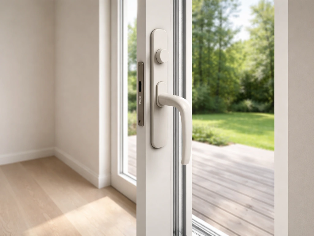 Interior view of a patio door handle/lock mechanism with the door opening unobstructed from inside