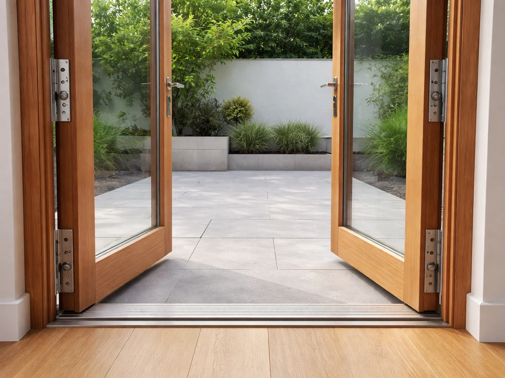 Two French door panels swung open, showing visible locking hardware at the meeting point.