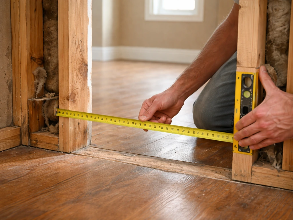 Homeowner’s hands measuring a rough door opening with tape measure and level against wood framing.