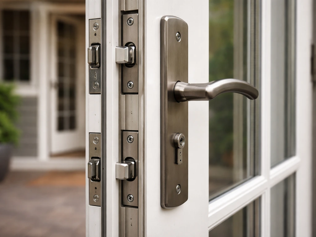 Close-up of multi-point locking hardware and installed strike plates on a French-style patio door