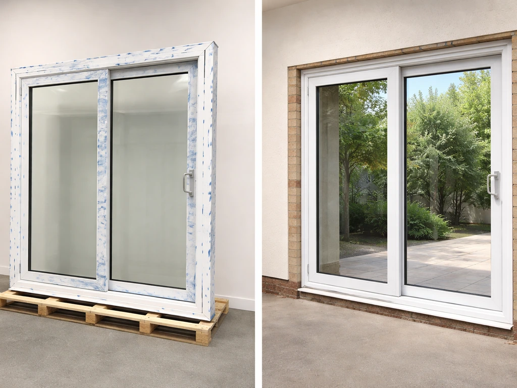 Minimal side-by-side photo of an uninstalled patio door unit and a fully installed one in a doorway opening.