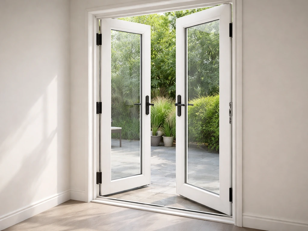 French patio doors with visible hinges and swing clearance in a simple bright living room.