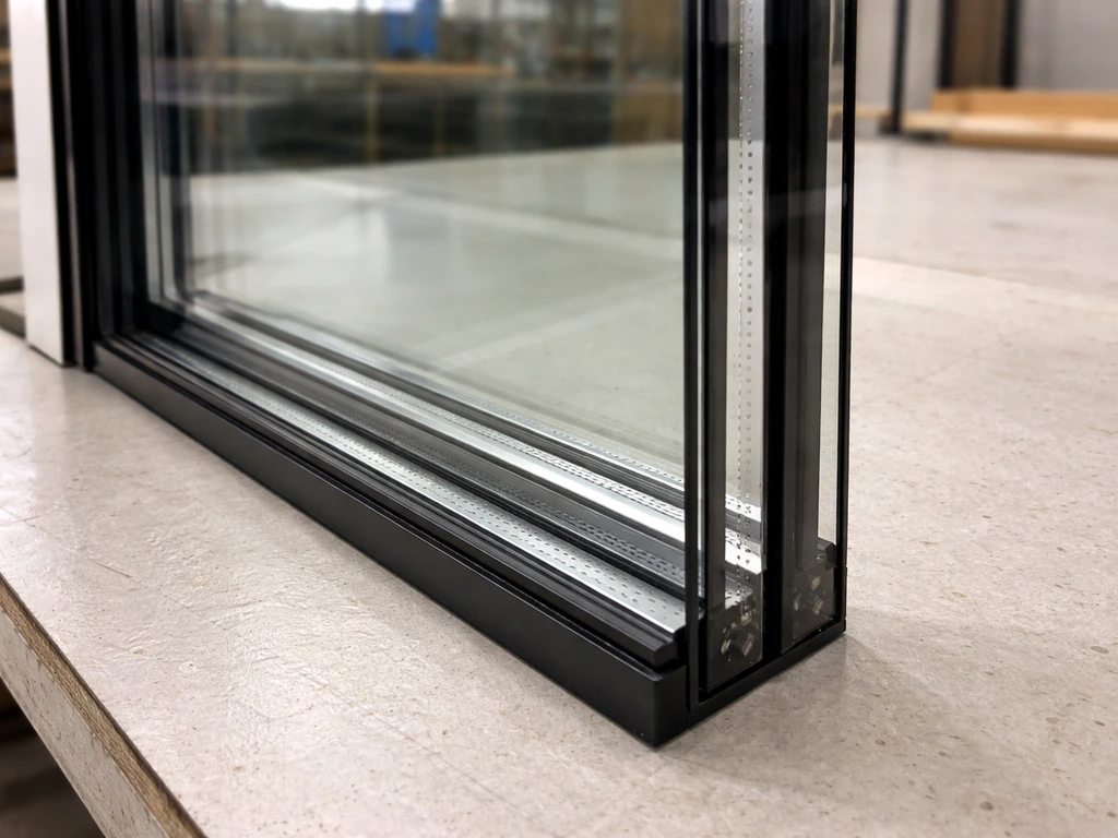 Close-up of a double-glazed patio door unit edge spacer with visible glass layers and sealant details.