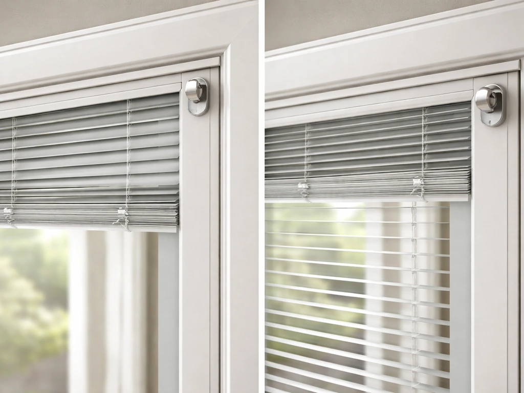 Close-up of a patio door edge with built-in blind operator showing a knob and partially raised blind