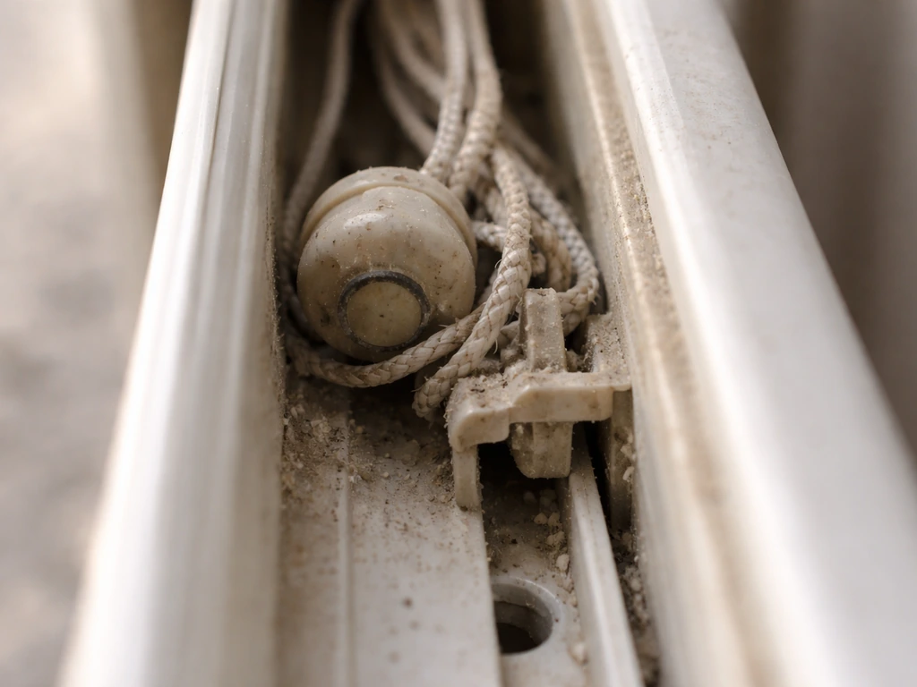 Macro photo of a jammed blind operator mechanism with a mis-tracked cord at the operator channel.