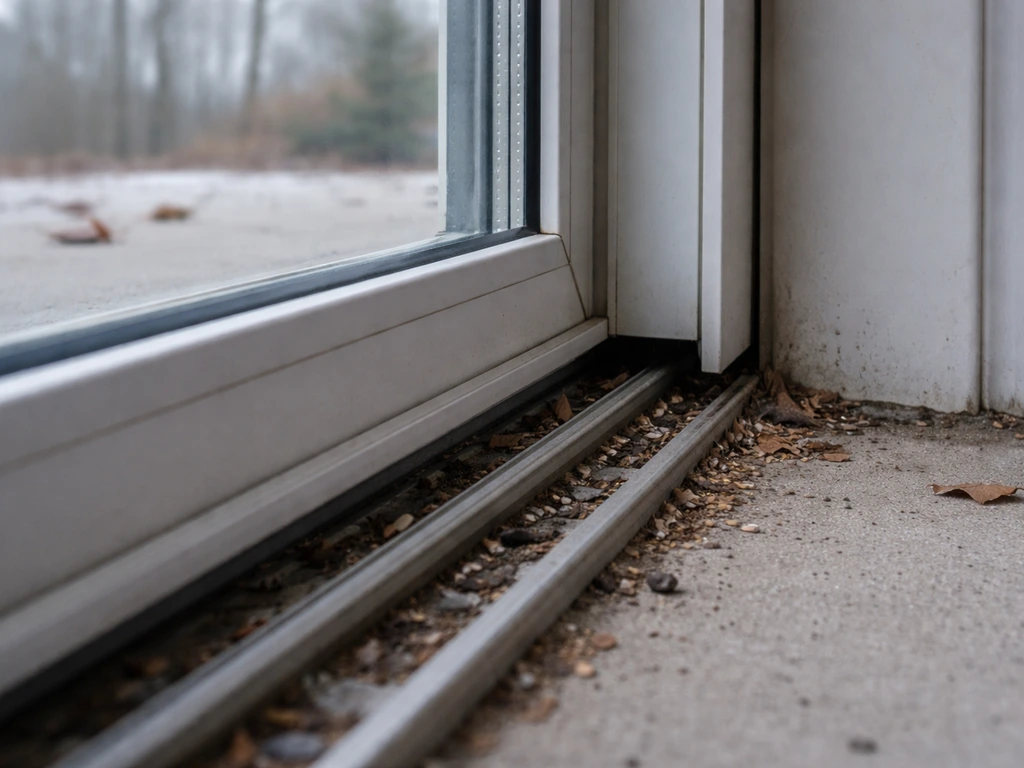 Patio sliding door frame with a winter gap along the track line and debris, showing seasonal side pressure