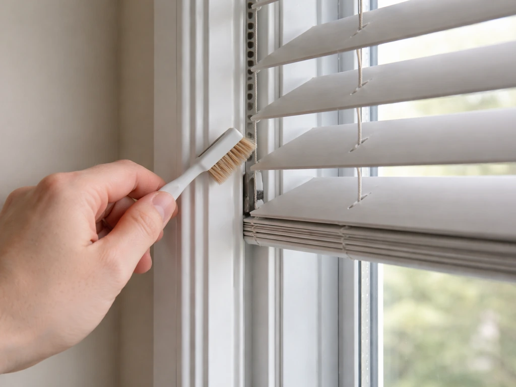 Hand brushing a window blind operator channel, followed by a smooth lift/tilt test action.