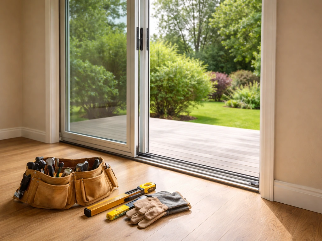 Minimal patio door installation scene showing sliding glass door and contractor tools near a doorway.