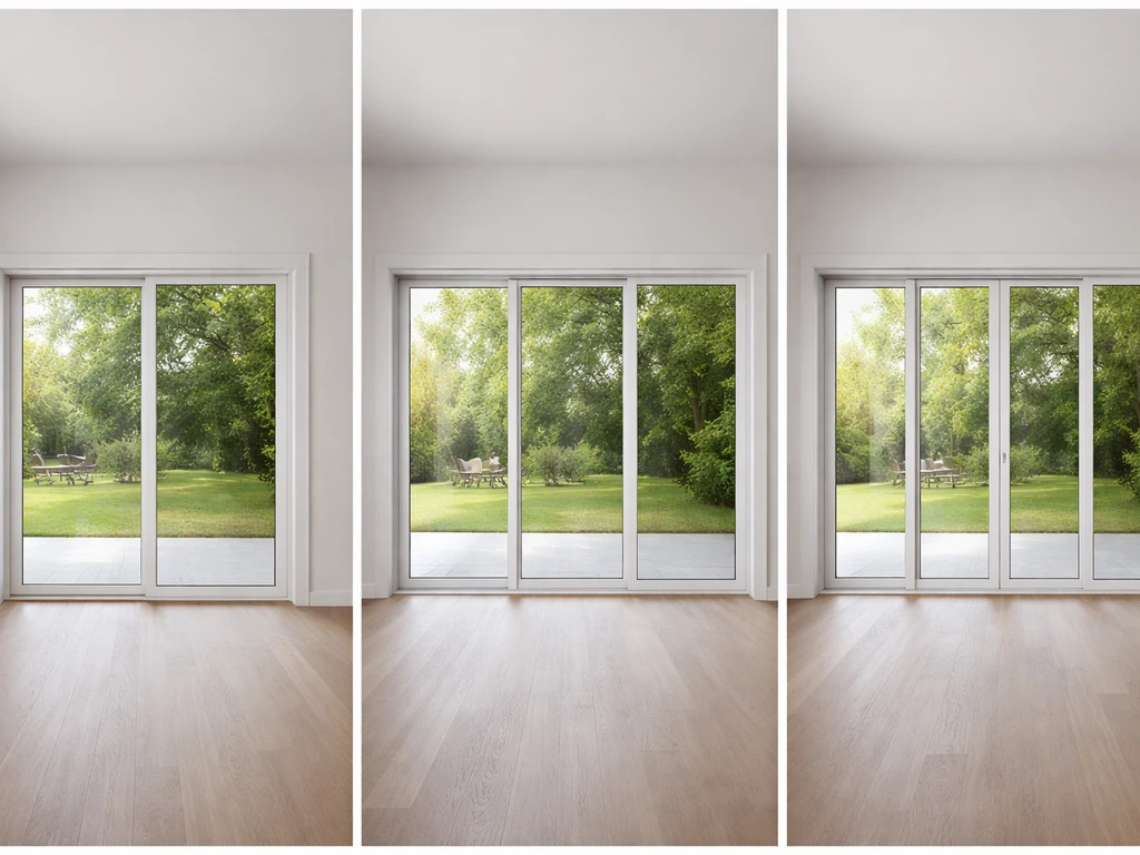 Minimal photo of three door configurations: two-panel sliding baseline versus wider multi-panel layouts.