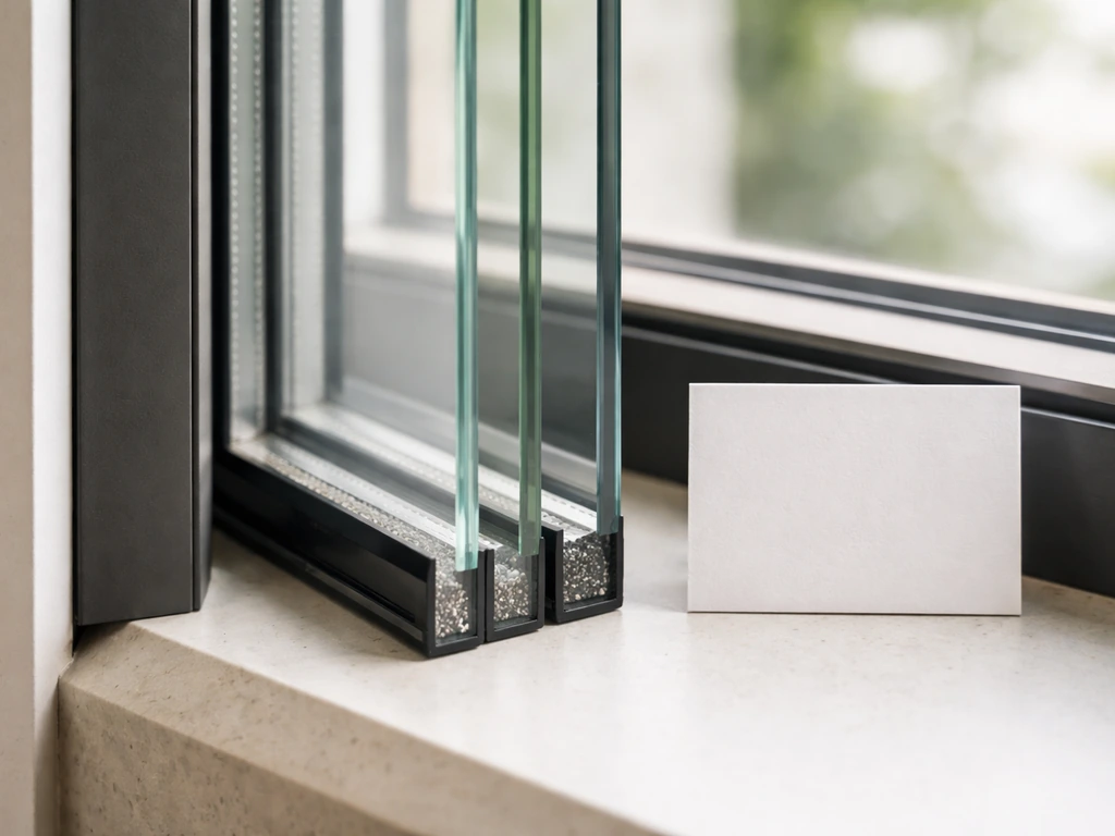 Close-up of a door/window frame with three glass samples showing different tints and reflections.