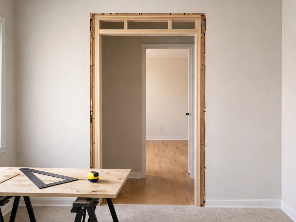 Contractor tools and lumber at a partially framed doorway, suggesting rough-opening modifications that add cost.