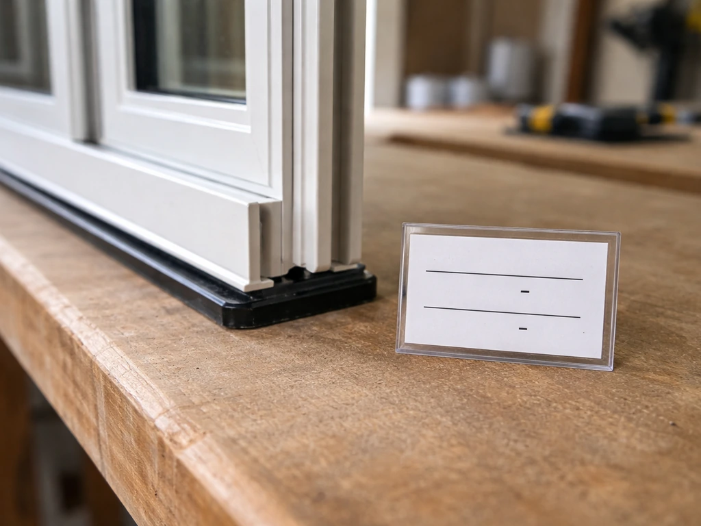 Close-up of a patio door glass with an unlabeled spec card suggesting U-factor and SHGC performance metrics