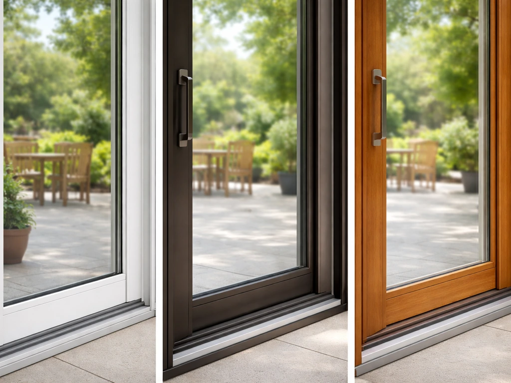Three sliding patio door frames with glass sashes shown side-by-side in a minimal patio setting.
