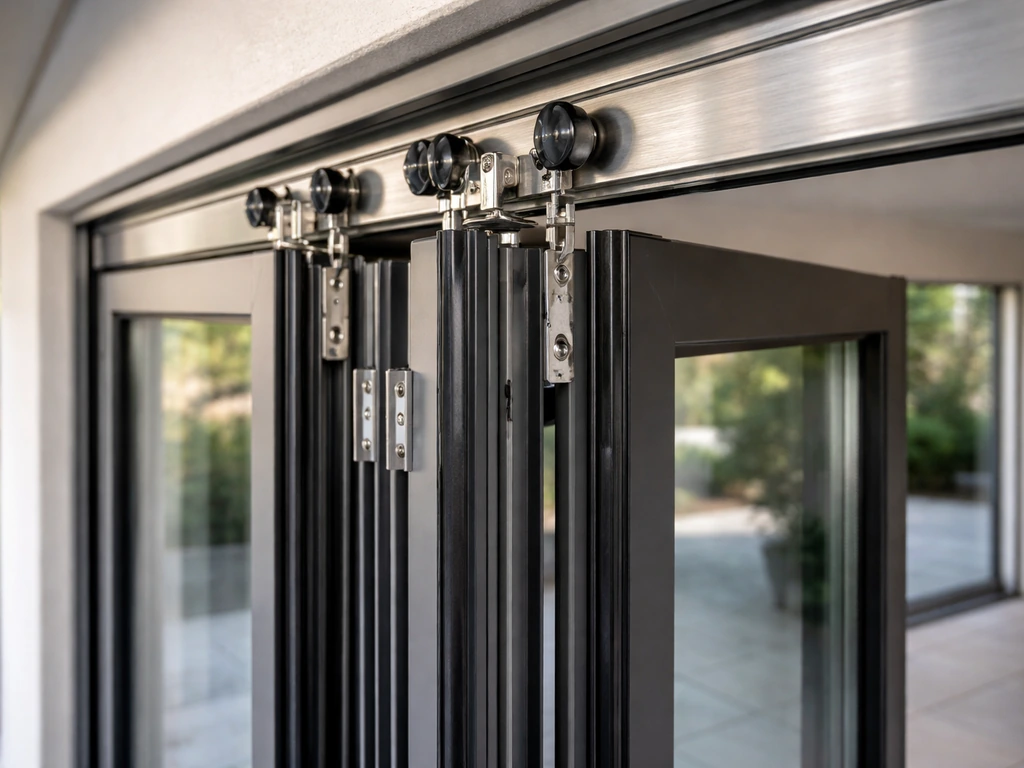 Close-up of a partially open folding patio door showing track, rollers, and folding glass panels.
