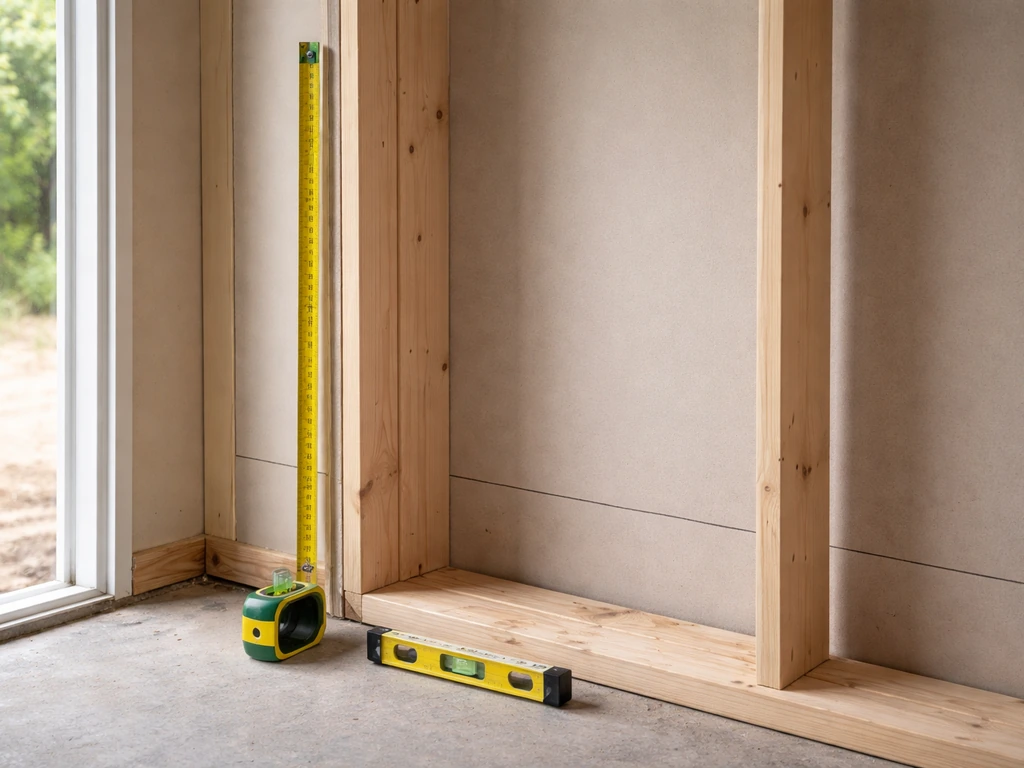 Tape measure and level marking rough opening versus finished opening on a patio door frame