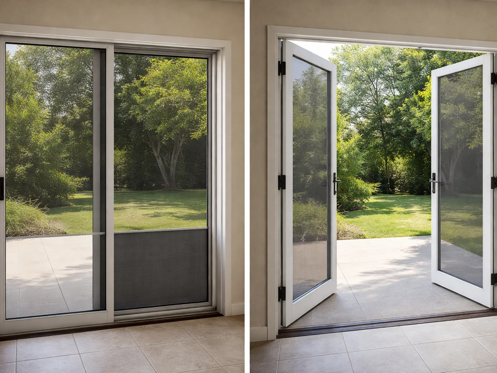 Side-by-side view of a sliding patio screen door and a hinged French-style screen door showing different openings.