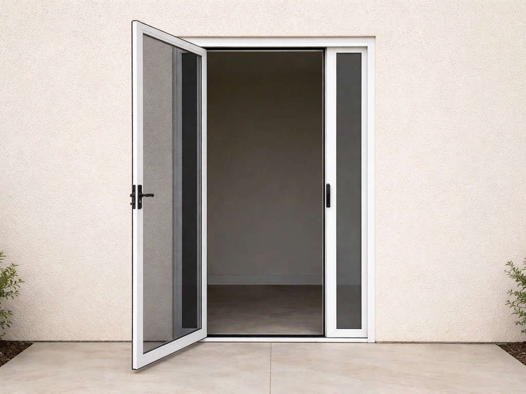Front-on view of a hinged patio screen door with clear opening points, showing typical single-door width and height.