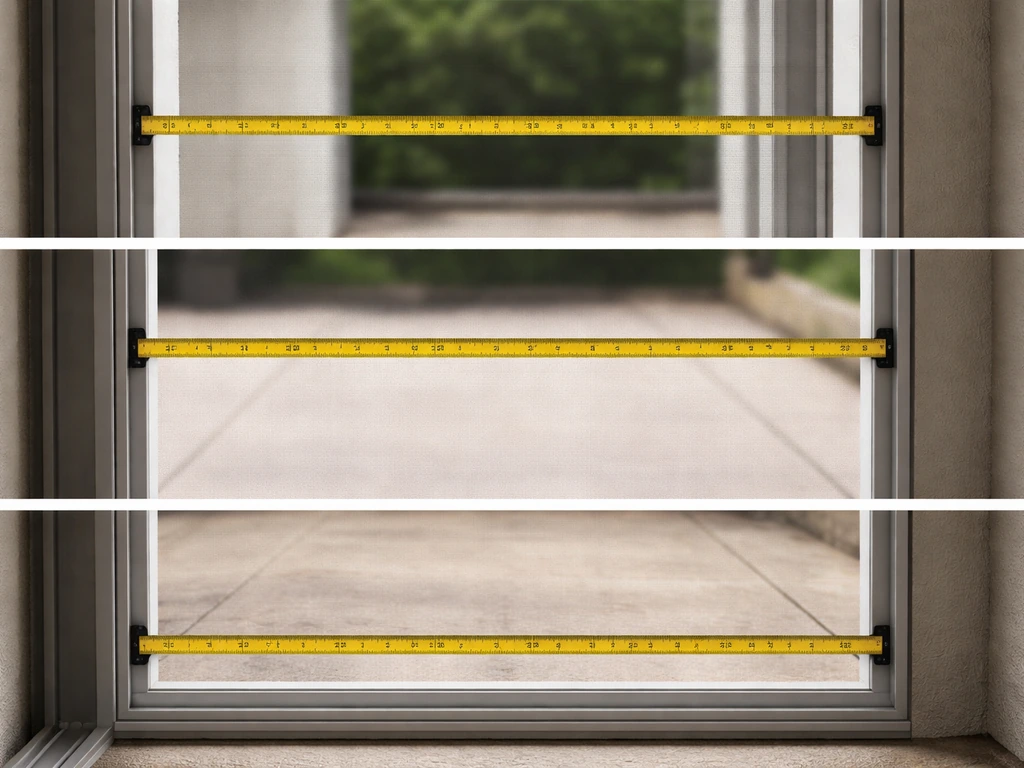 Close-up of a tape measure placed top, middle, and bottom inside a sliding screen door frame