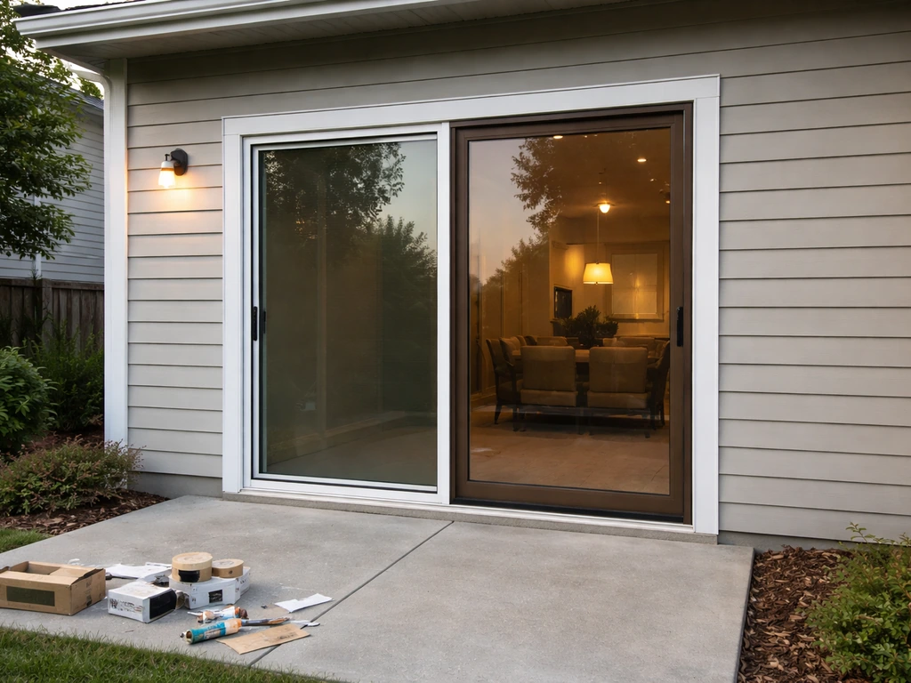 Modern home patio with a newly installed sliding patio door and visible glazing/finish details.