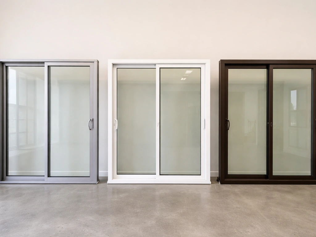 Three sliding patio door samples side-by-side showing basic, insulated, and premium glazing tiers.