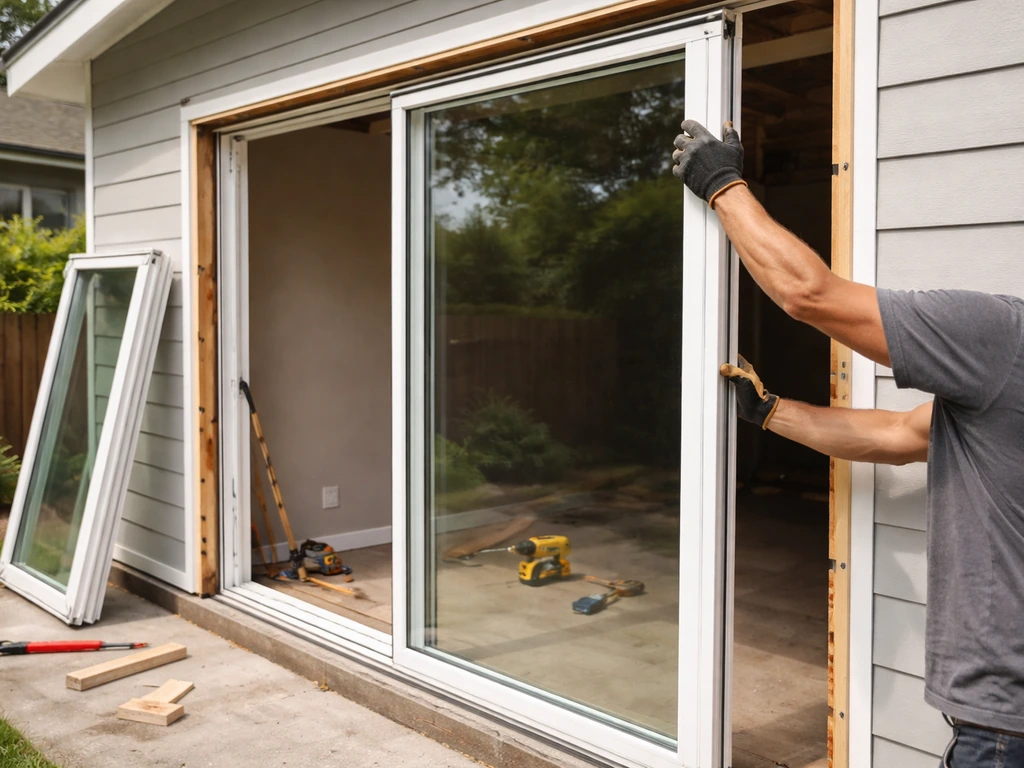 Hands install a new patio sliding door panel into the same rough opening where the old door was removed.