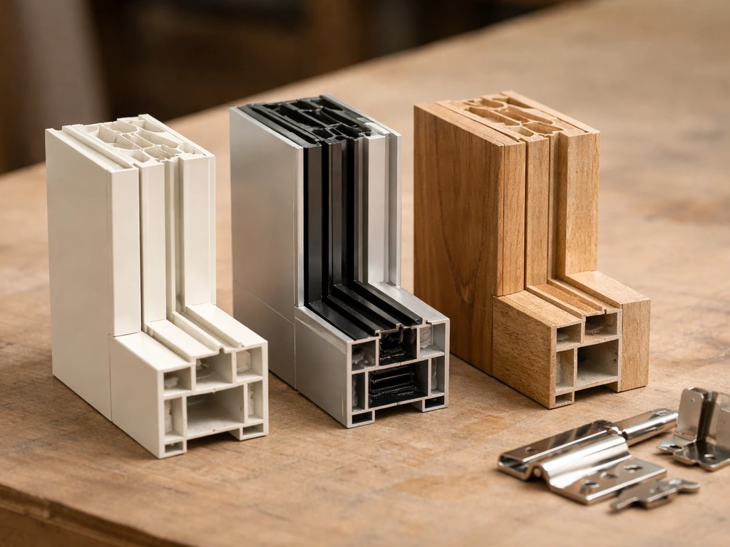 Close-up of three side-by-side door frame samples: vinyl, aluminum with thermal break, and wood with hardware.