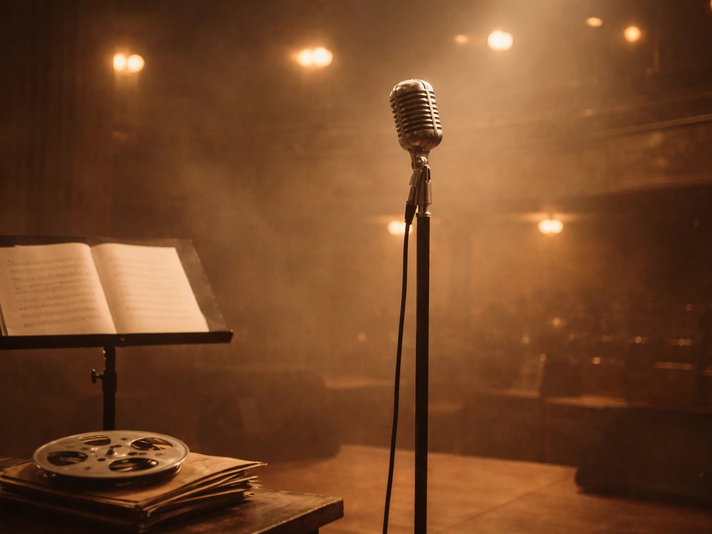 Vintage 1960s stage microphone with analog tape reel and records, symbolizing music royalties and income.