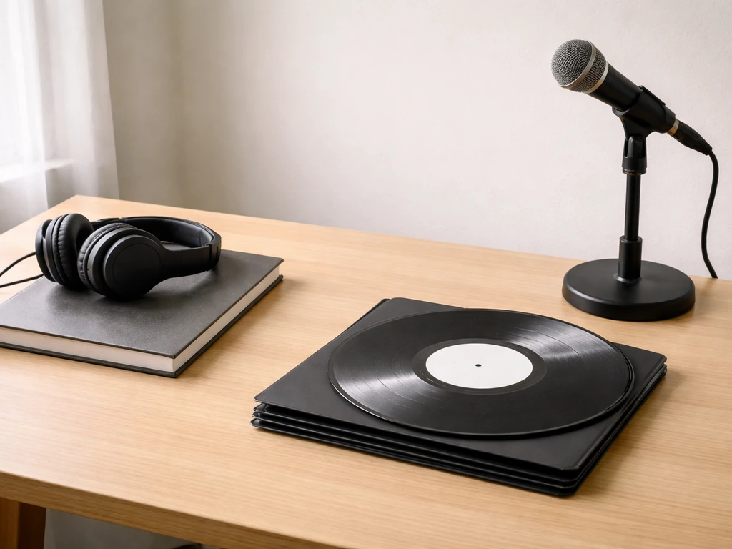 Minimal music studio desk with headphones, blank records, and a microphone suggesting multiple income streams.