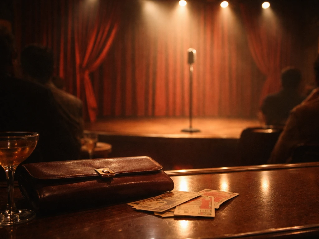 Vintage hotel lounge with a microphone on stage and a few tickets and money on a bar counter.