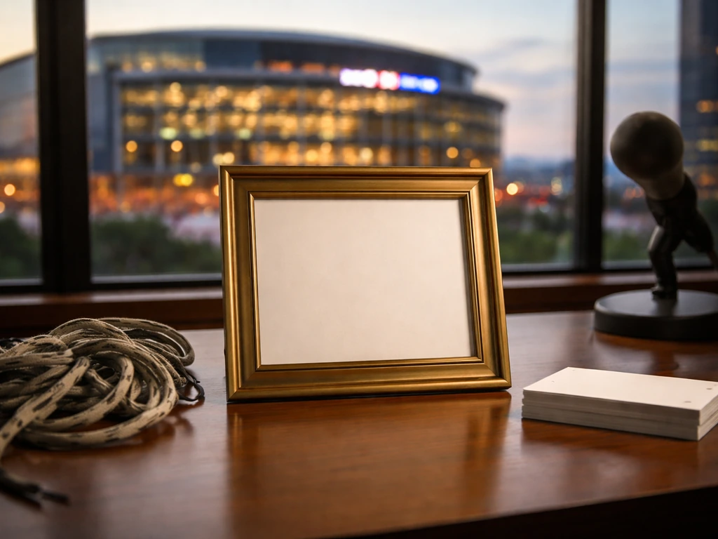 Wood desk with an empty brass frame, hockey gear, and a microphone in soft-focus near an arena window