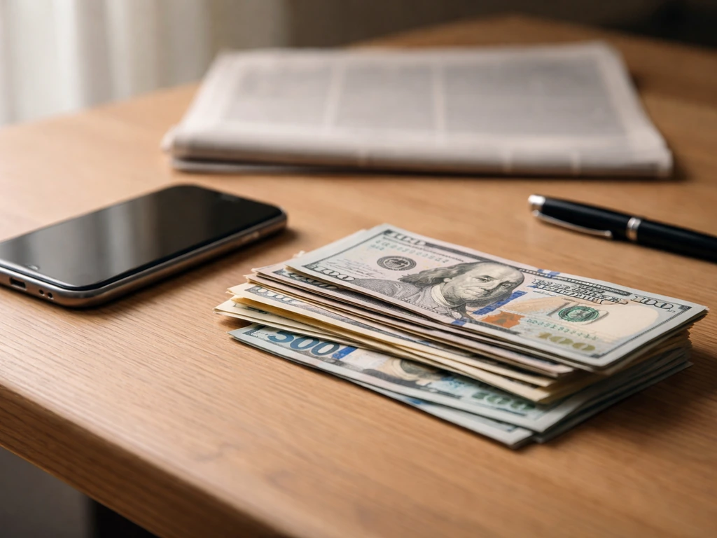 A blurred desk scene with a smartphone and scattered money, suggesting a net-worth estimate range and uncertainty