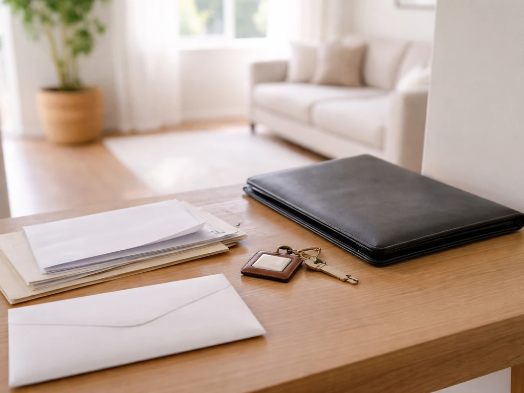 Bright home interior with a closed folder, blank monthly bills, and house keys on a table to suggest assets and liabilit