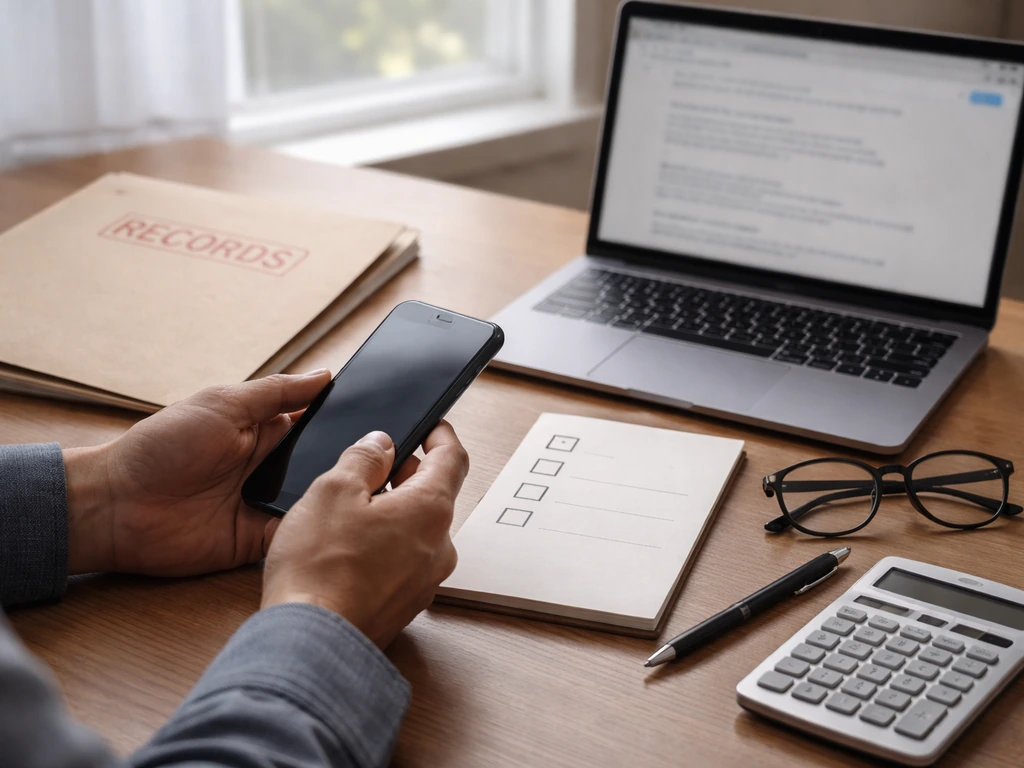 Hands at a desk with blurred search on laptop and blank checklist for verifying financial source quality.