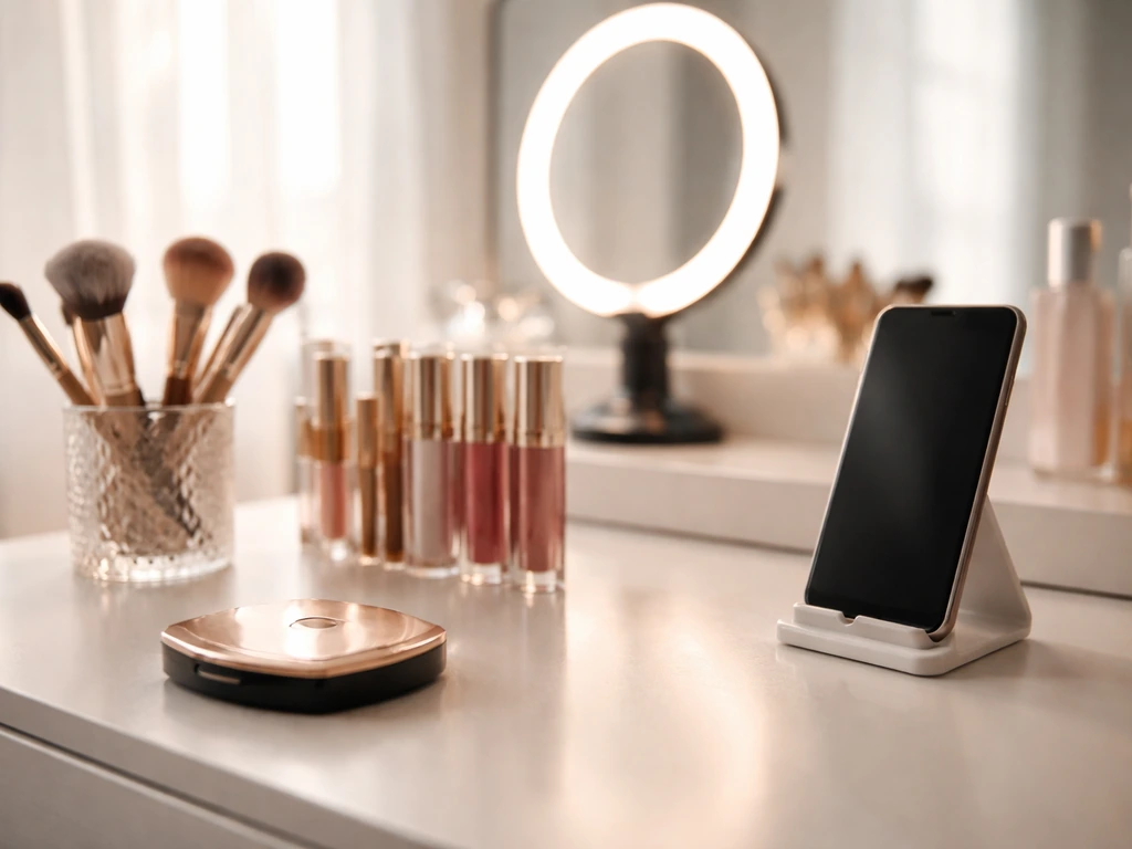 Anonymous makeup influencer vanity with brushes, smartphone on stand, and ring light in natural light.