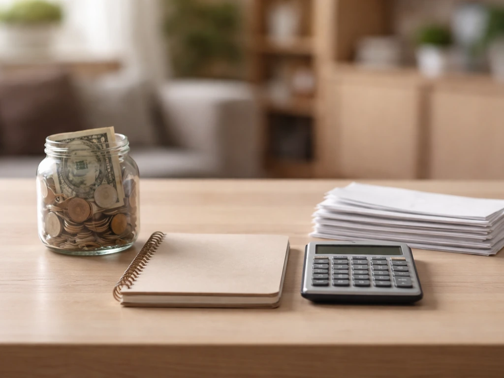 Minimal desk scene contrasting cash/investment jar with envelopes symbolizing debts.