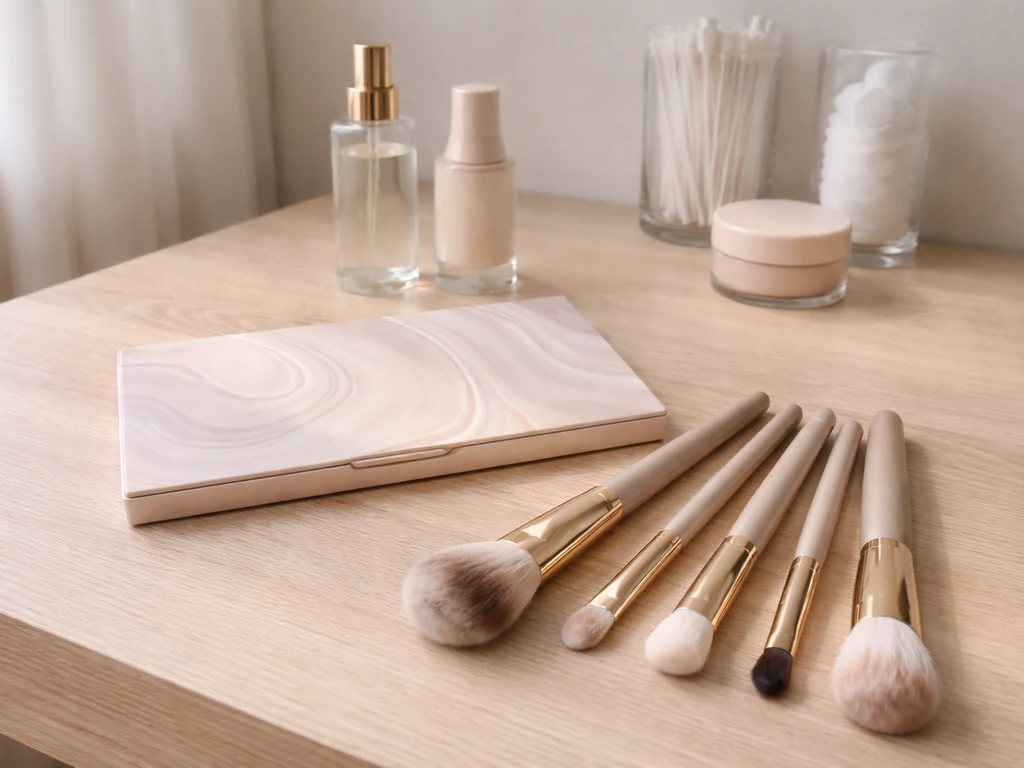 Minimal vanity tabletop with makeup brushes and a palette, softly lit to suggest a beauty brand collaboration