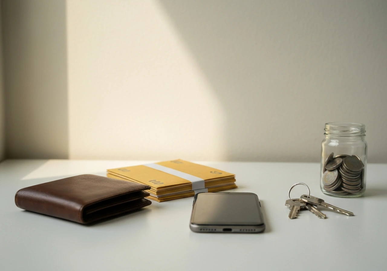 Minimal desk scene with wallet, coins, cash envelopes, keys, and a blank phone screen reflection.