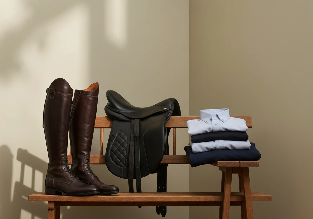 Equestrian brand style photo: neatly arranged riding boots and fitted apparel on a saddle in a calm studio.