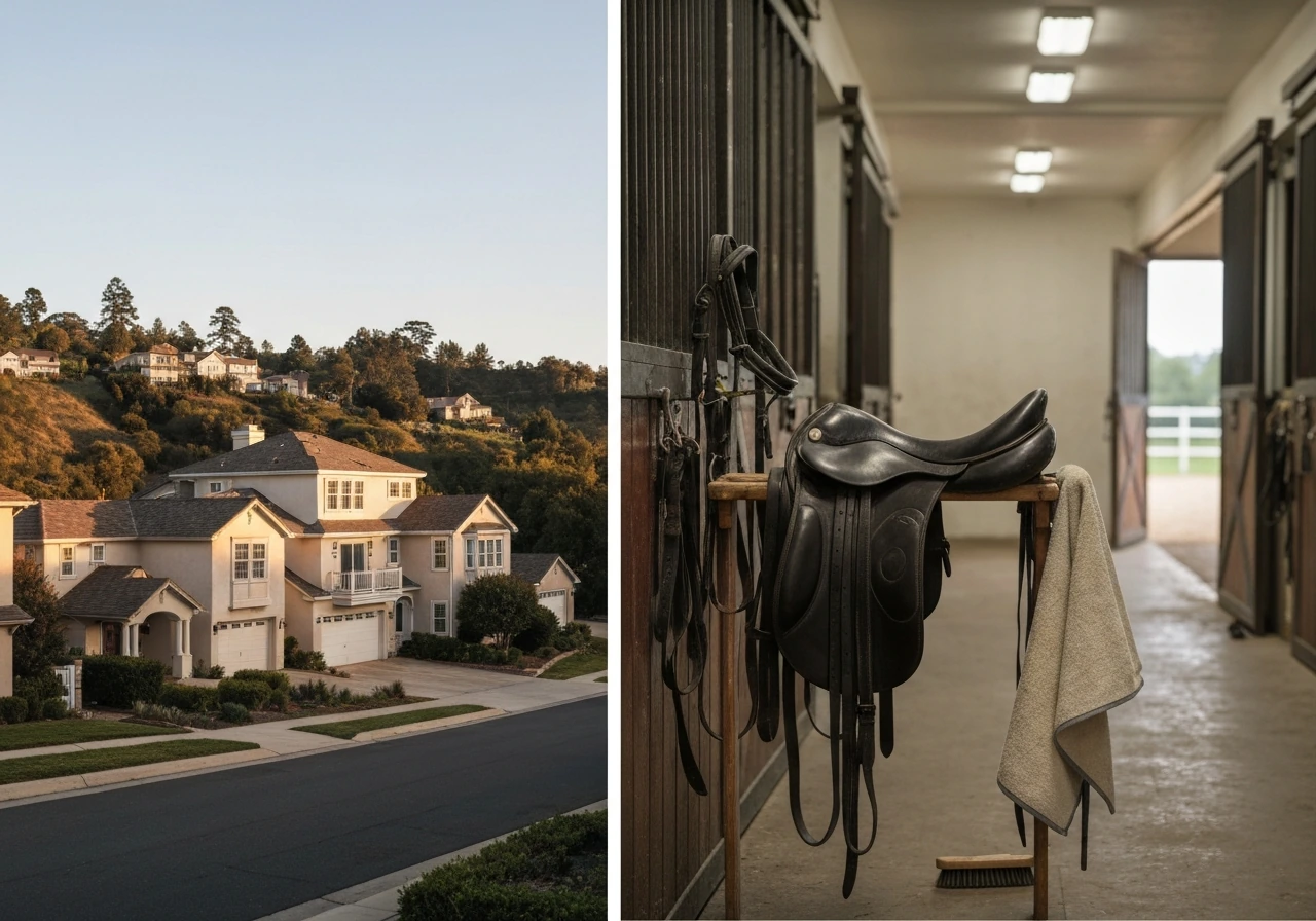 Split image: upscale California homes on one side and horse tack/grooming items in a stable on the other.
