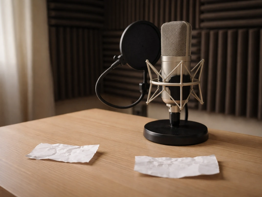 Studio microphone on a desk with blurred name slips, symbolizing credited name differences.