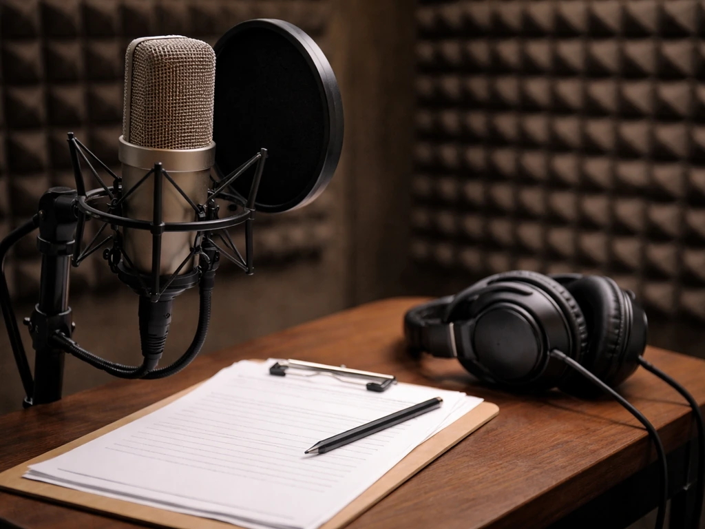 Voice acting setup with a recording booth microphone, headset, and contract-style papers on a desk.